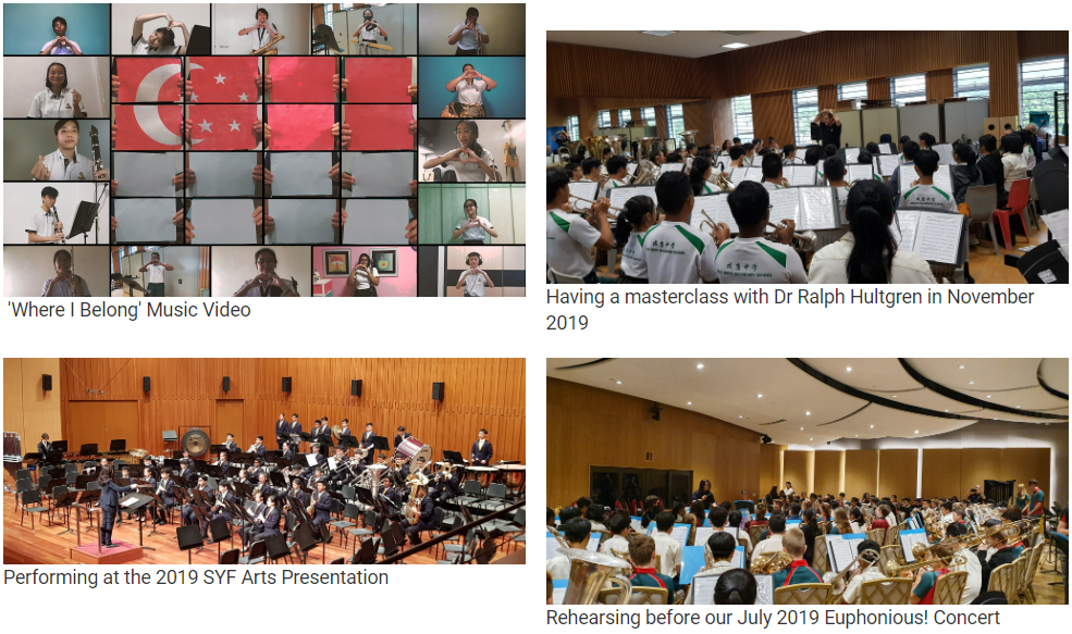 Four photos show students in a music video, a band masterclass, a concert performance, and a rehearsal session.